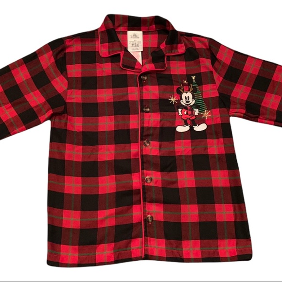 Disney Mickey Mouse Christmas Tree Plaid Checkered Button Up Shirt Top 5-6 - Picture 1 of 5